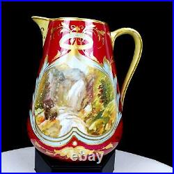 ANTIQUE OLD PARIS LANDSCAPE GILT HANDLED MAROON AND YELLOW 6 PITCHER 1870s