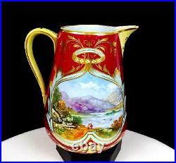 ANTIQUE OLD PARIS LANDSCAPE GILT HANDLED MAROON AND YELLOW 6 PITCHER 1870s