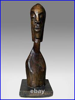 African Old Wooden Bust withfantastic Patina On Custom Stand 16 Tall