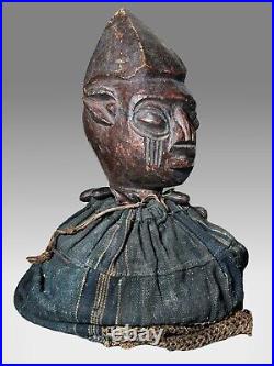 African Old Yoruba Egungun Head Dress with Fabric And Charms Still Intact 14 Tall
