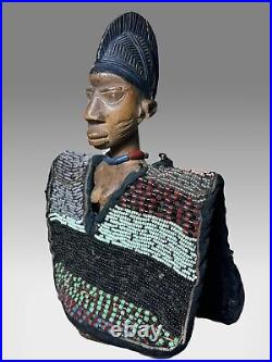 African Yoruba Ere Ibeji with colorful beaded coat and old bead jewelry 11 tall