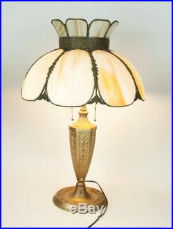 Antique Art Nouveau Style Cast Metal Lamp with Slag Glass Shade Old Works