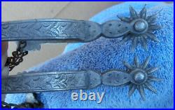 Antique August Buermann Etched Hand Forged Steel Old Horse Spurs