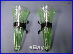 Antique Green Car Flower Bud Vase Pair with brackets original new old stock
