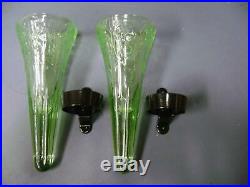 Antique Green Car Flower Bud Vase Pair with brackets original new old stock