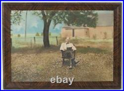 Antique Hand Colored Photograph Old Man in Rocking Chair Reading Book On Farm