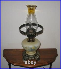 Antique Old Parlor Hurricane Lamp Ruffled Top Glass Globe Brass Base 17 1/2 H