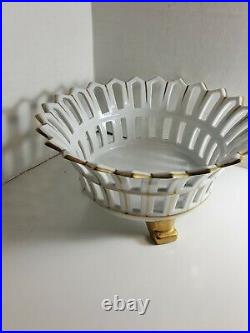 Antique Old Porcelain Reticulated Footed Basket Bowl Claw Feet White Gold