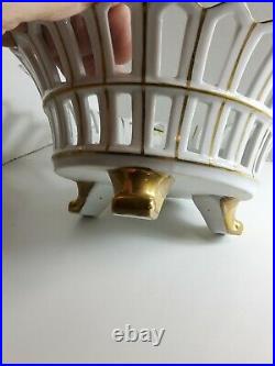 Antique Old Porcelain Reticulated Footed Basket Bowl Claw Feet White Gold