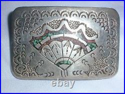 Fabulous Old Pawn Sterling Silver Turquoise & Coral Large Belt Buckle