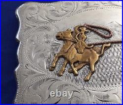 Fantastic Vintage Sterling Silver Old Western Hand Engraved Roping Belt Buckle
