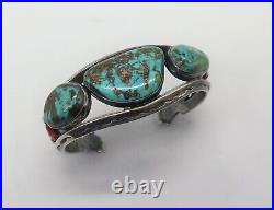 Heavy Vintage Native American Sterling Coral and Turquoise Old Pawn Cuff