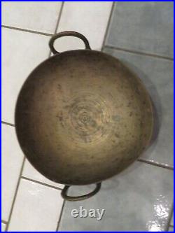 LARGE OLD VINTAGE HANDMADE RUSTIC METAL KADAI WOK PAN KETTLE POT 13 diameter