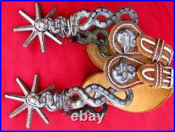 Mint Old Silver Inlaid & Engraved Triple Rattlesnake Spurs Embroidered Straps