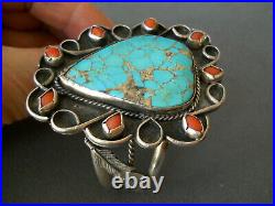 OLD Native American Navajo Aqua Turquoise Coral Cluster Sterling Silver Bracelet