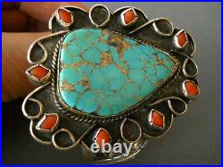 OLD Native American Navajo Aqua Turquoise Coral Cluster Sterling Silver Bracelet