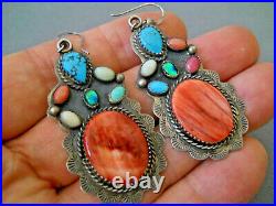 OLD Southwestern Native American Multi-Stone Sterling Silver Stamped Earrings