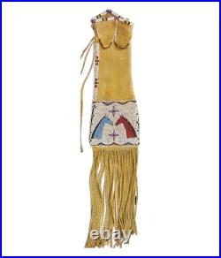 Old American Buffalo Tan Hide Sioux Beaded Tobacco Bag Fringes 6 x 32'' NPB1123