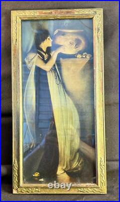 Old Antique Framed Art Nouveau Woman Lady Print Roseville Rookwood Art Pottery