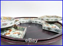 Old CHINESE Export ROOSTER Cockerel FAMILLE Rose Lazy Susan Relish Server w Case