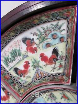 Old CHINESE Export ROOSTER Cockerel FAMILLE Rose Lazy Susan Relish Server w Case