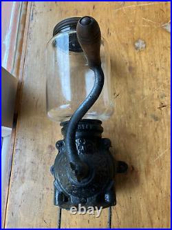 Old Coffee Grinder Cast Iron Wall Mount Original Glass jar, lid, wood handle