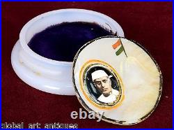 Old Collectible Jawaharlal Nehru Enamel MOP Souvenir Opal Glass Box G10-124