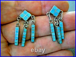 Old Native American Dishta Turquoise Flush Inlay Sterling Silver Post Earrings