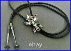Old Native American Indian MultiStone Inlay Sterling Silver Knifewing Bolo Tie