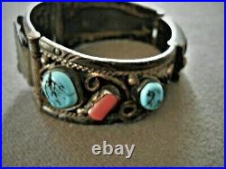 Old Native American Indian Turquoise Coral Sterling Silver Watch Bracelet Signed