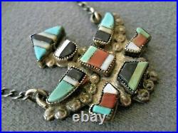 Old Native American Multi-Stone Inlay Sterling Silver Knifewing Kachina Tie Bar