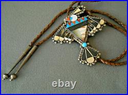 Old Native American Multi-Stone Inlay Sterling Silver Thunderbird Bolo Tie C-31