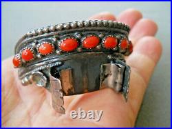 Old Native American Navajo Coral Row Sterling Silver Cuff Style Watch Bracelet Q