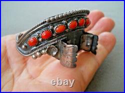 Old Native American Navajo Coral Row Sterling Silver Cuff Style Watch Bracelet Q