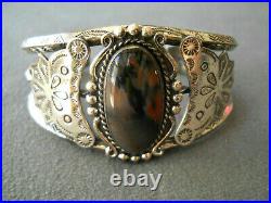 Old Native American Navajo Petrified Wood Sterling Silver Stamped Cuff Bracelet
