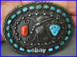 Old Native American Navajo Turquoise Cluster & Coral Sterling Silver Belt Buckle