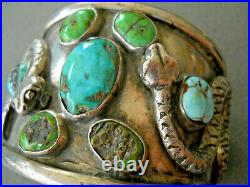 Old Native American Navajo Turquoise Cluster Sterling Silver Snakes Bracelet 95g