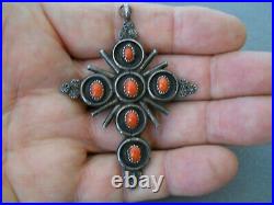 Old Native American Reversible Turquoise Coral Sterling Silver Cross Pendant 3x2