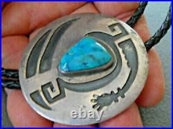 Old Native American Teal Turquoise Sterling Silver Tribal Symbol Bolo Tie C-31