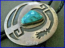 Old Native American Teal Turquoise Sterling Silver Tribal Symbol Bolo Tie C-31