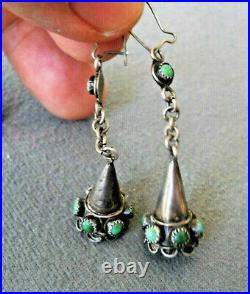 Old Native American Turquoise Cone Sterling Silver Bell Shaped Hook Earrings