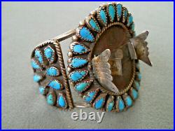 Old Native American Turquoise Petit Point Cluster Sterling Silver Watch Bracelet