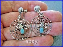 Old Native American Turquoise Sterling Silver Spider on Bulls Eye Web Earrings