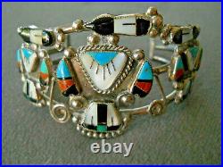 Old Native American Zuni Multi-Stone Inlay Sterling Silver Peyote Bird Bracelet