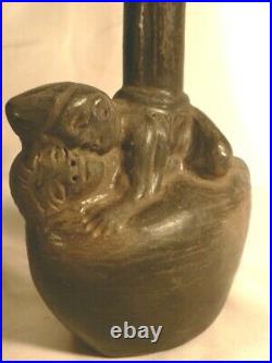 Old Rare Pre Columbian Erotic Chimu Peru Pottery Vessel with Couple Blackware