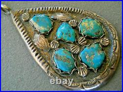 Old Southwestern Native American Turquoise Cluster Sterling Silver Cast Pendant