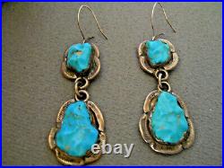 Old Southwestern Native American Turquoise Sterling Silver Nuggets Hook Earrings
