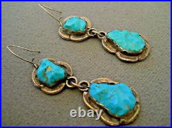Old Southwestern Native American Turquoise Sterling Silver Nuggets Hook Earrings