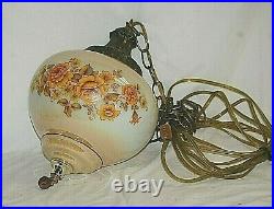 Old Vintage 70's Lusterware Floral Hanging Swag Lamp Glass Globe w Pull Chain