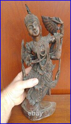Old Vintage Hand Carved Wooden Asian Thai Fan Dancer Figure Statue Wood Carving